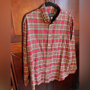 Izod Men's Red and Green Plaid Button Down Shirt